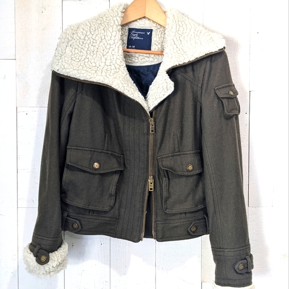 American Eagle Army Green Wool Bomber Coat - Picture 3 of 16